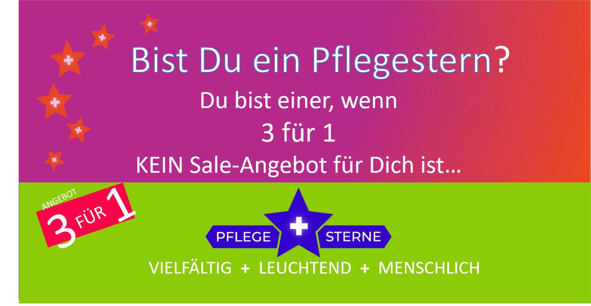 Du bist ein #Pflegestern, wenn 3 für 1 für Dich KEIN Sale-Angebot ist. Denn dann bist Du Azubi in der neuen generalistischen Pflegeausbildung – und bekommst drei Berufe mit Sinn und Perspektive in einer Ausbildung.
#VielfältigLeuchtendMenschlich #tagderpfleg #pflegesterne