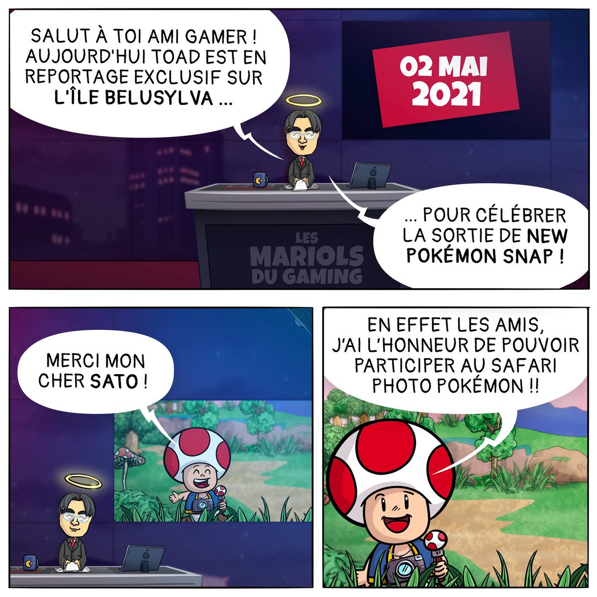 _JuDarK's tweet photo. Bd du week-end Bonjour 👋 Aujourd’hui #toad part en reportage spécial dans #newpokemonsnap 📸 #cartoonmaster #nintendoart #nintendomaster #montpellier #france #dessin #funnymeme #bd #nintendo #jeuxvideo #monsterhunterrise #satoruiwata #photo #clipstudiopaint #xppen https://t.co/hVkBfr5KIC