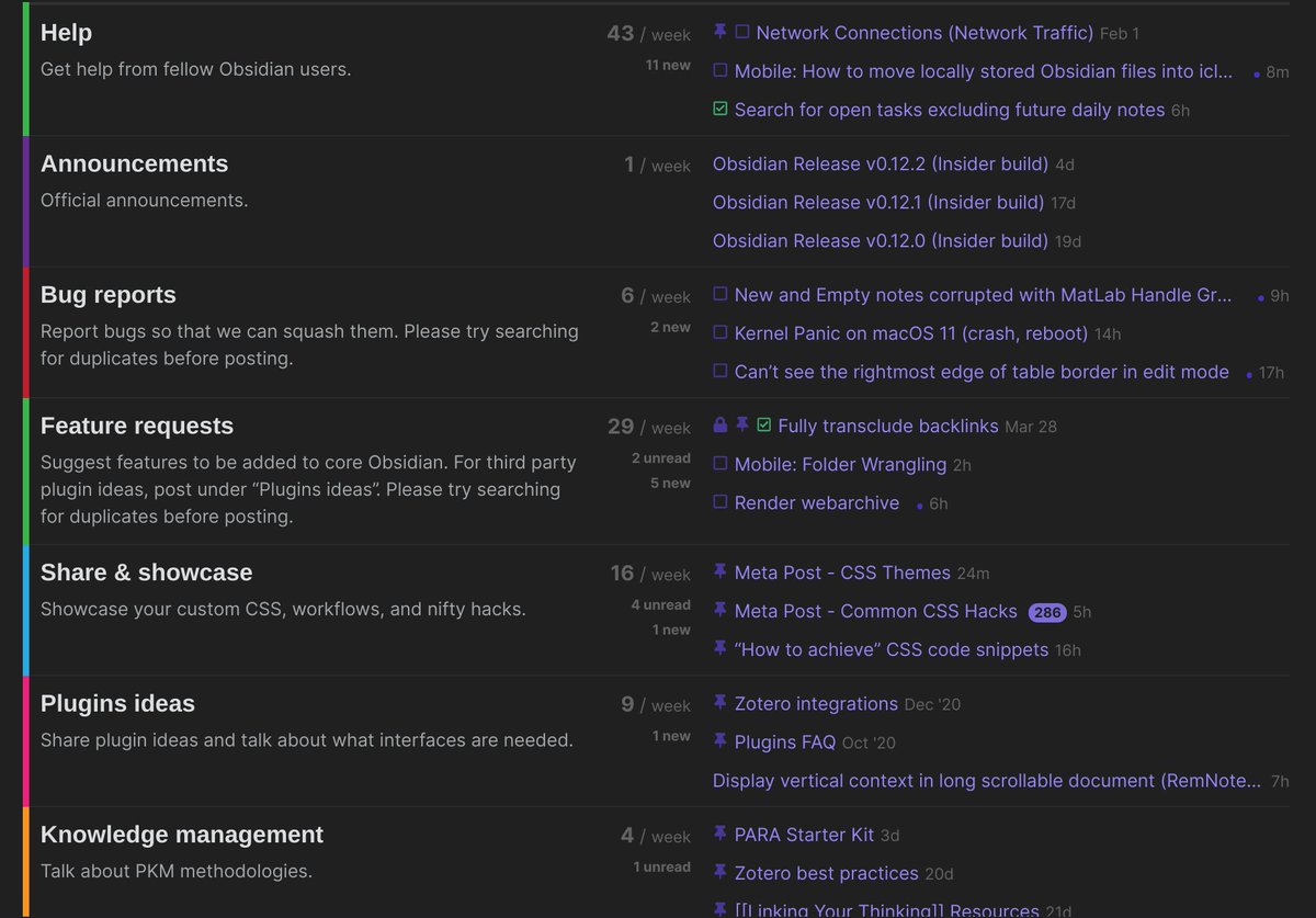 9/ Asynchronous communications: non-real time discussions via Discourse at:  https://forum.obsidian.md/ . Here you will find product announcements, place to submit bug & feature requests, support for plugins & developers and a lot more.