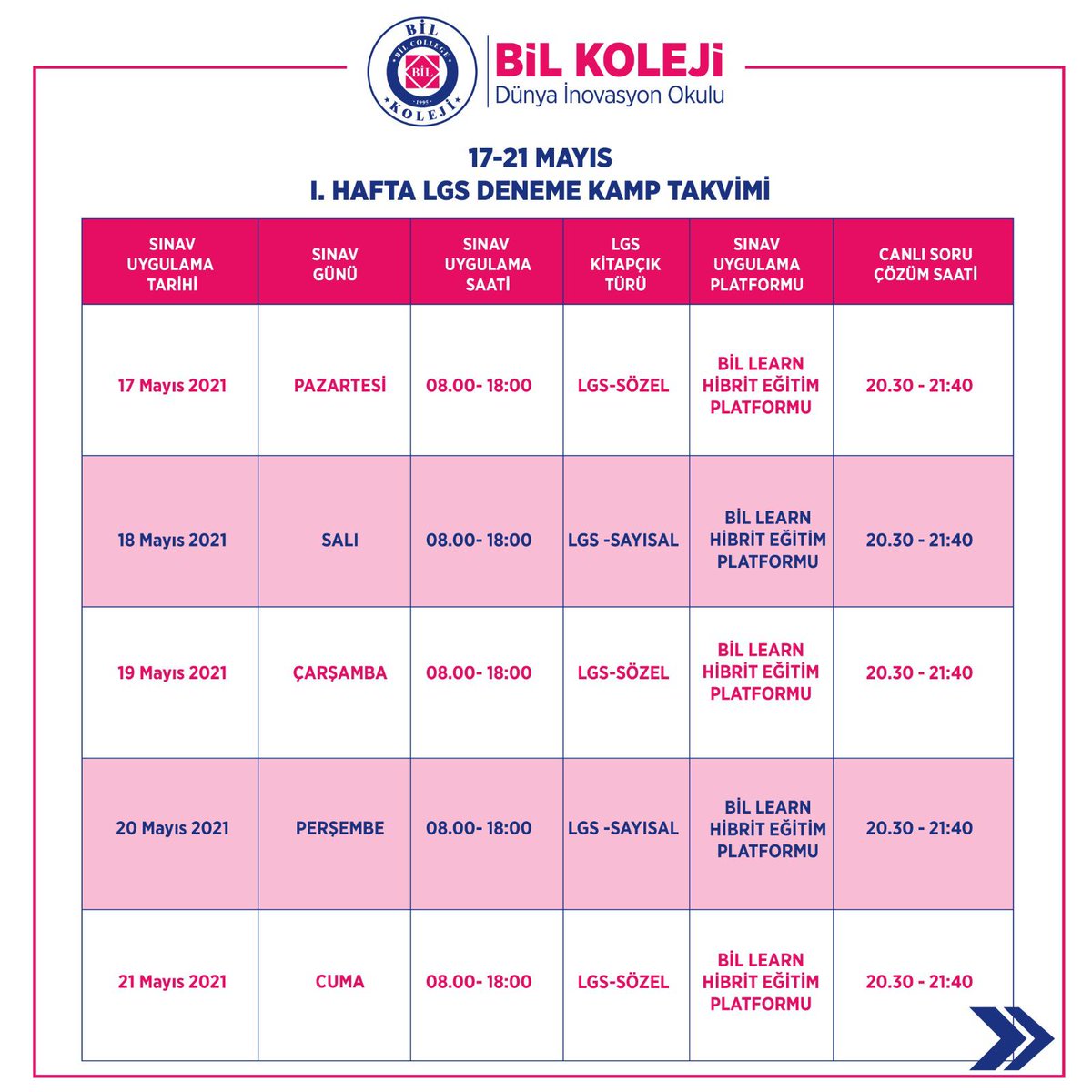 BilDemre's tweet photo. Tüm 8.sınıf öğrencilerine özel ÜCRETSİZ
BİL LEARN HİBRİT EĞİTİM PLATFORMU LGS DENEME KAMP TAKVİMİ
#Bilkoleji #lgs https://t.co/pdIv9CjziS
