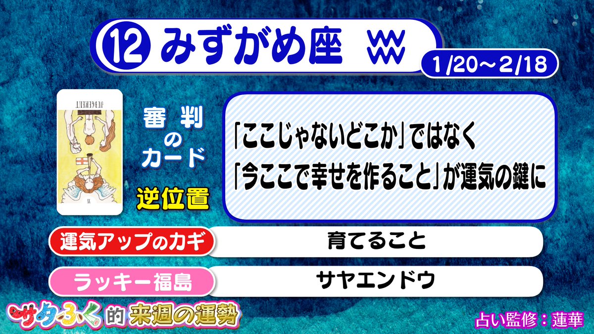 公式 福島テレビ サタふく サタふく的来週の運勢です 5 9 5 15 来週の1位と12位の発表です 1位はやぎ座の皆さん 12位はみずがめ座の皆さん 野村的運気アップアイテムは カーネーション です 来週もお楽しみに 福テレ 公式 福島テレビ サタふく サタふく的来週の運勢です 5 9 5 15 来週の1位と12位の発表です 1位はやぎ座の皆さん 12位はみずがめ座の皆さん 野村的運気アップアイテムは カーネーション です 来週もお楽しみに 福テレ