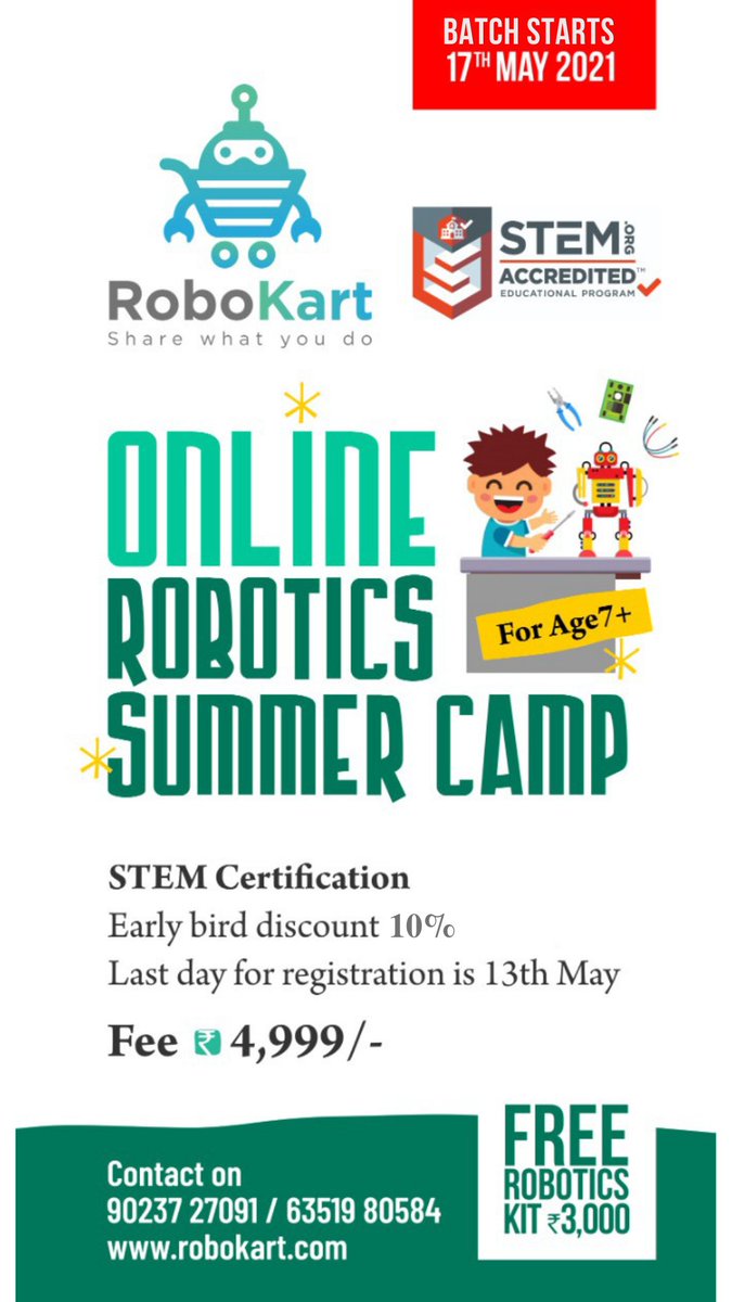 RobokartV's tweet image. Robokart Presents online ROBOTICS Summer Camp!!!
Where your kid can become FUTURE ready and tech savvy SCIENTIST.