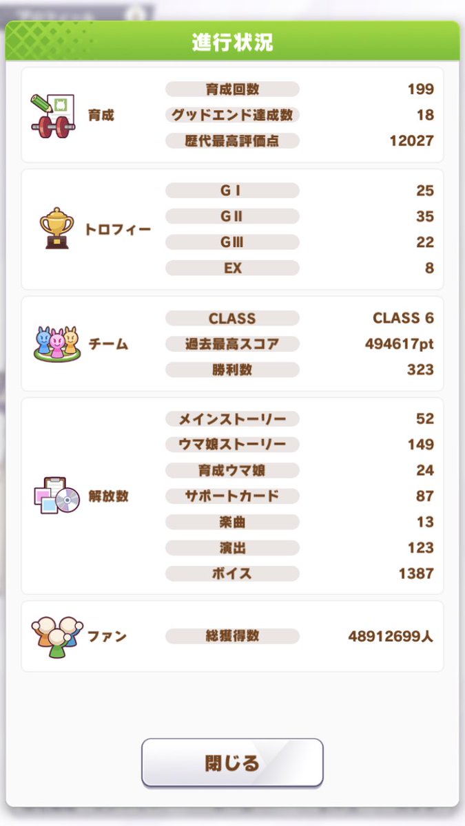 stokking2525's tweet photo. @nyoki1031 お眼鏡に叶うかわかりませんが応募させていただきます♪

現在は因子厳選をメインでやっているのでそこそこファンも稼げると思います

画像を載せるのでよろしくお願いします

ID:  855699217 https://t.co/1Mrx5N7LHm