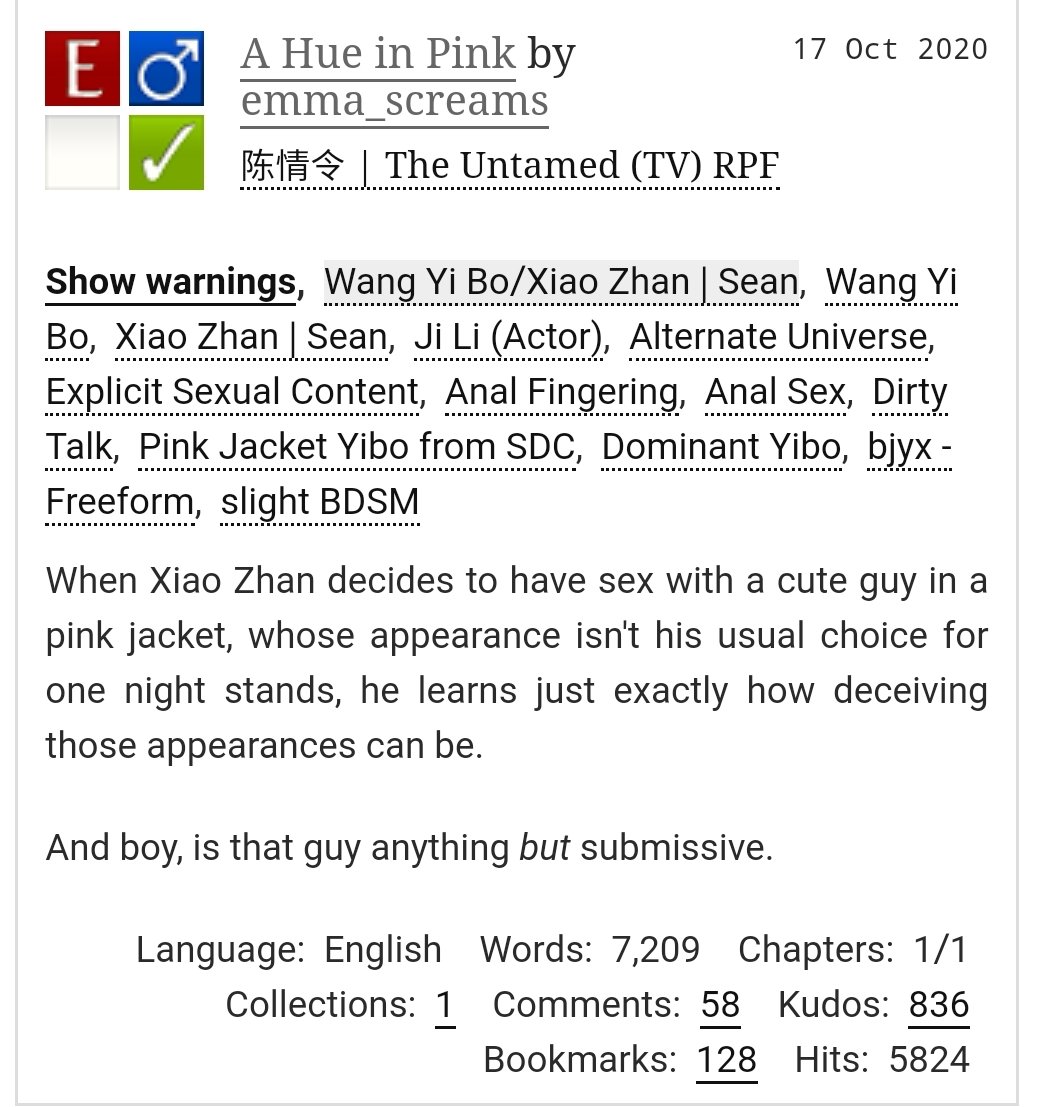 A Hue In PinkBy  @emma_scweams https://archiveofourown.org/works/27057304 Yeah, so maybe half this thread is gonna be Emma's fic. Like you're gonna complain, it's  as fuck. This one is them hooking up at a bar with a D/s feel and it's sexy and WYB in the pink coat and 
