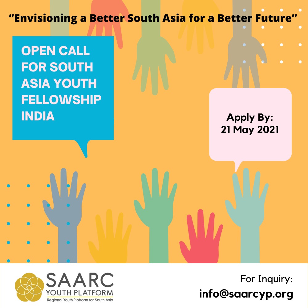 Our <a href="/SAARC2030/">SAARC Youth Platform</a> Open Call Youth in India to join ''South Asia Youth Fellowship India'' It is a full time home based paid job for 6 month. 

saarcyp.org/post/open-call… 

Application Link: forms.gle/msmySr6UV7xvYo…

Final Deadline: 𝐅𝐫𝐢𝐝𝐚𝐲, 𝟐𝟏 𝐌𝐚𝐲 𝟐𝟎𝟐𝟏.

#Youth2030 #SAARCYP