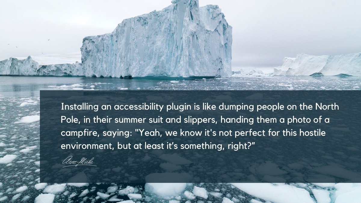 Bovelett's tweet image. Please don&apos;t use the &quot;at least it&apos;s something&quot; argument for installing accessibility overlay plugins. It makes you that jerk that puts people on the north pole in their swim wear. 

Creating accessible web sites isn&apos;t rocket science. AMA

#a11y #CreateAwareness