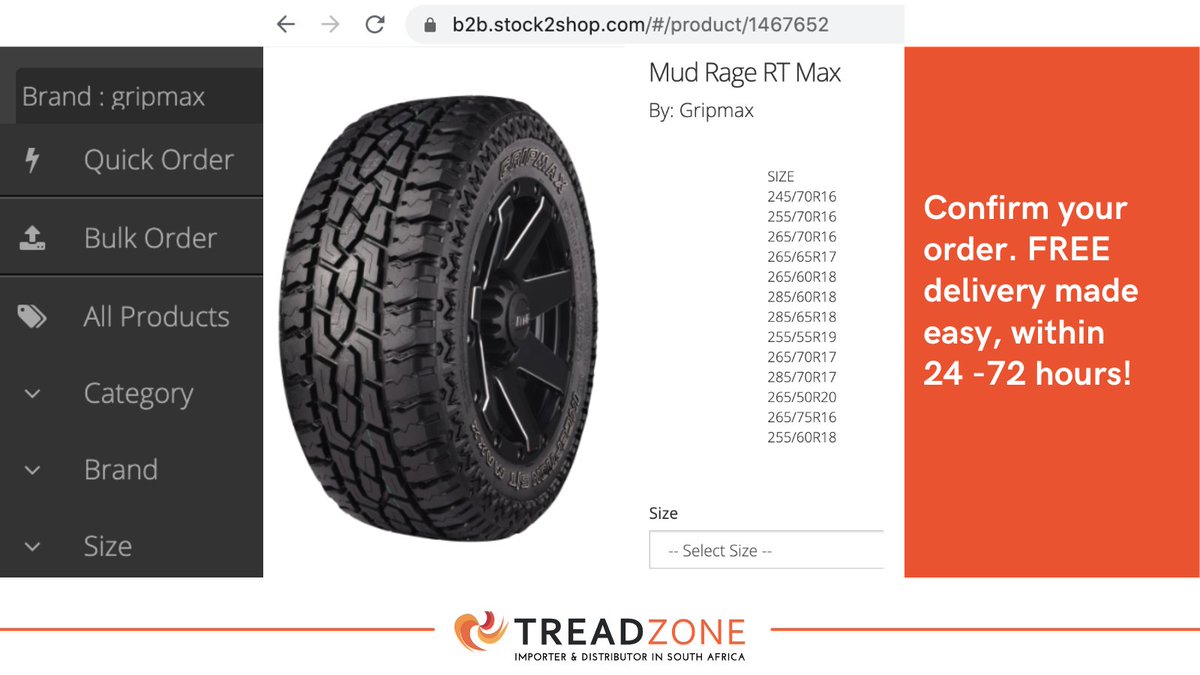 treadzone's tweet photo. Your delivery can be made within 24 - 72 hours! Visit the Treadzone B2B portal today to log in (or register), search by tyre size, name or product preference and ultimately confirm your order. The Treadzone B2B portal service is available for dealers only. #TreadzoneB2BPortal https://t.co/w40AmUDXZk