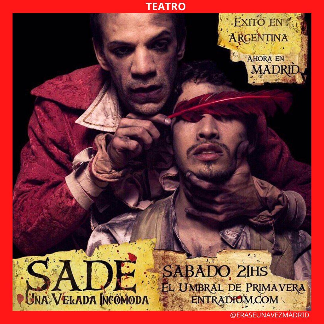SADE, una velada incómoda
📍@umbraldelaprimavera
🗓️Sábados
⏰ 21h 
*Un espectáculo intenso y extremo que despierta los sentidos. El espectador se sentirá dentro del espacio escénico y será testigo privilegiado de la velada.
#eraseunavezmadrid #teatro #cultura #ocio #Madrid #Sade