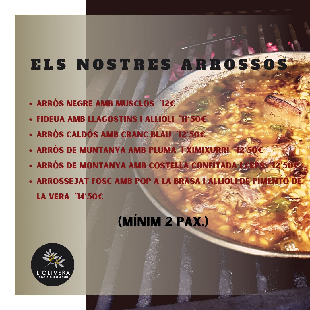 BraseriaOlivera's tweet photo. I seguim amb la nostra CARTA D’ARROSSOS!!! 
#cuinempertu #arros #arrossos #capdesetmana #takeaway #menjarperemportar #bages #santpedor #braseriaolivera https://t.co/S7NDw9JwpF