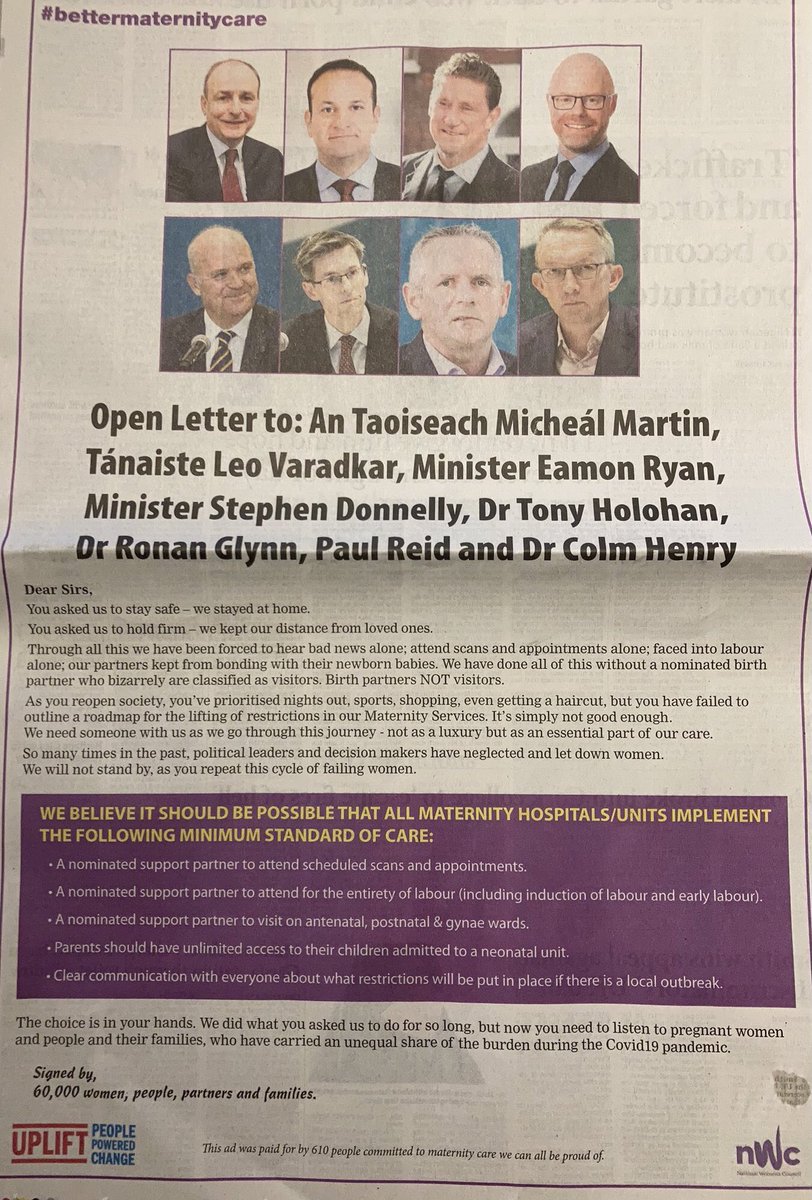 NWCI's tweet photo. Great to see our open letter with @UpliftIRL in the @irishexaminer today calling for the urgent lifting of maternity restrictions! #bettermaternitycare https://t.co/SkJHcBv5GC