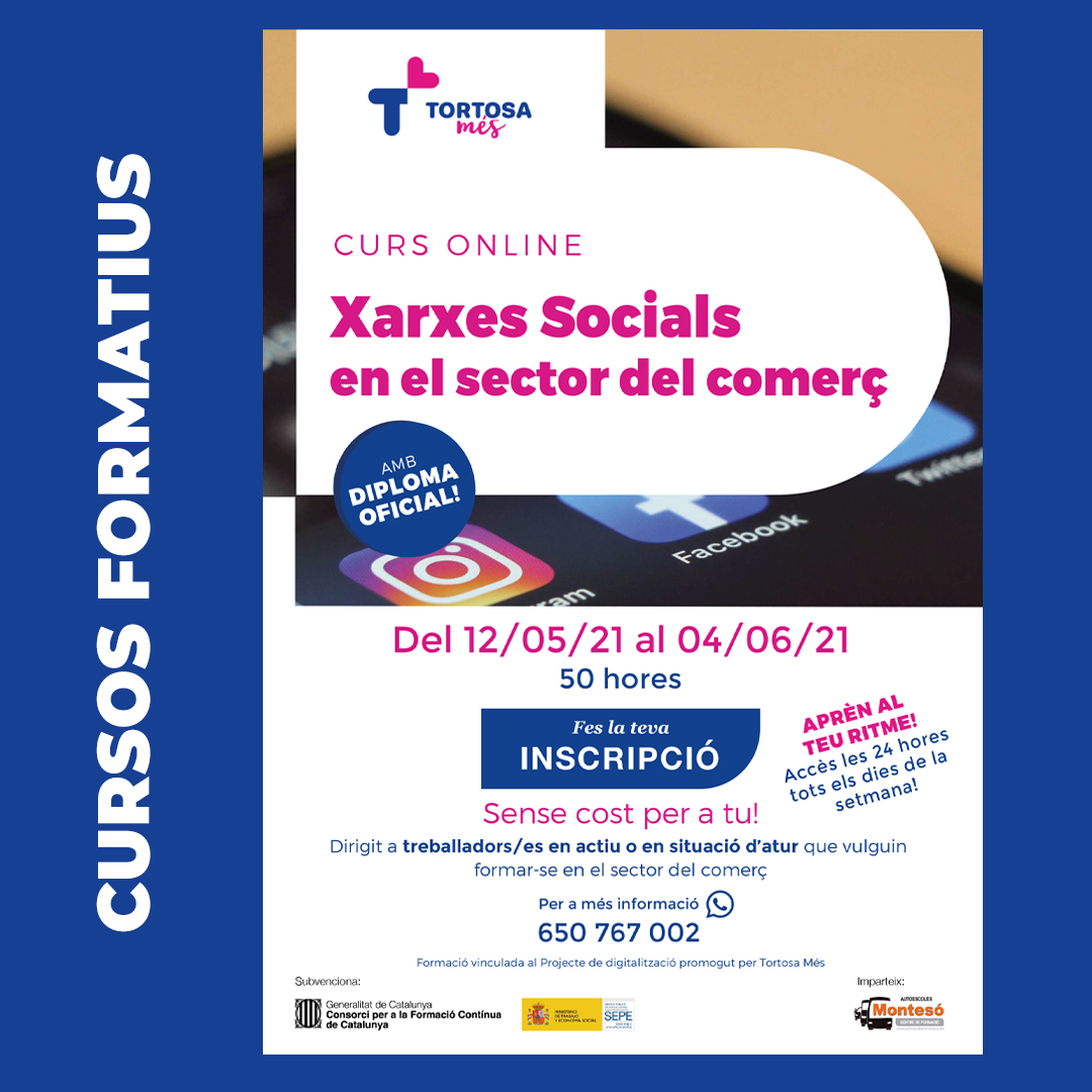 Tortosames's tweet photo. CURSOS FORMATIUS GRATUÏTS ONLINE TORTOSA MÉS - DIPLOMA OFICIAL I HORARI LLIURE 
Pels sectors d'hostaleria, turisme, comerç i cultura.
INFO: Telèfon 650 767 002
Inscripcions: https://t.co/Rj693qUxGM
. 
#Tortosa #cursosformatius #consorciperlaformaciocontinua https://t.co/vBxoWh3jcP