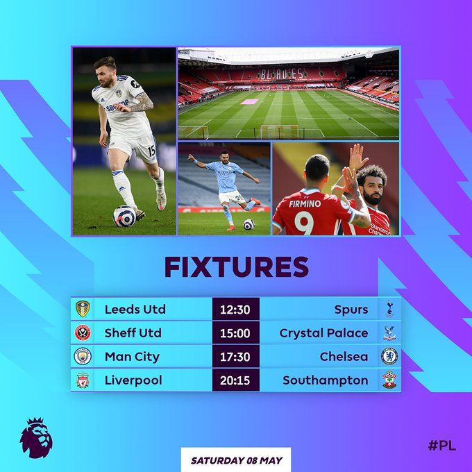 Today's Premier League fixtures (WAT):

Leeds vs Tottenham 12.30pm
Sheffield United vs Crystal Palace 3pm
Man City vs Chelsea 5.30pm
Liverpool vs Southampton 8.15pm

If City win their match today, they'll be crowned champions. Who are you backing?

#PL #MCICHE #LIVSOU https://t.co/iq5WiB6WkS