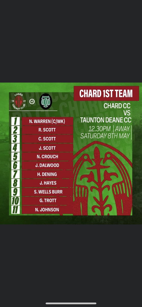 1st XI for today’s game against <a href="/tauntondeanecc/">Taunton Deane CC 🏏</a> 

Weather permitting ☔️