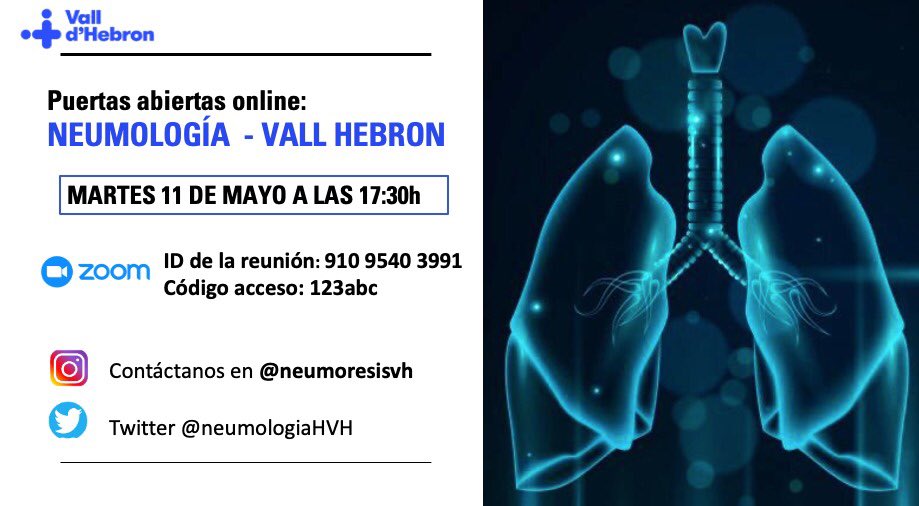 NeumologiaHVH's tweet photo. Puertas abiertas online - Neumologia Vall Hebron. Martes 11 de mayo a las 17:30! 🗓 https://t.co/PbIvqKVWyr