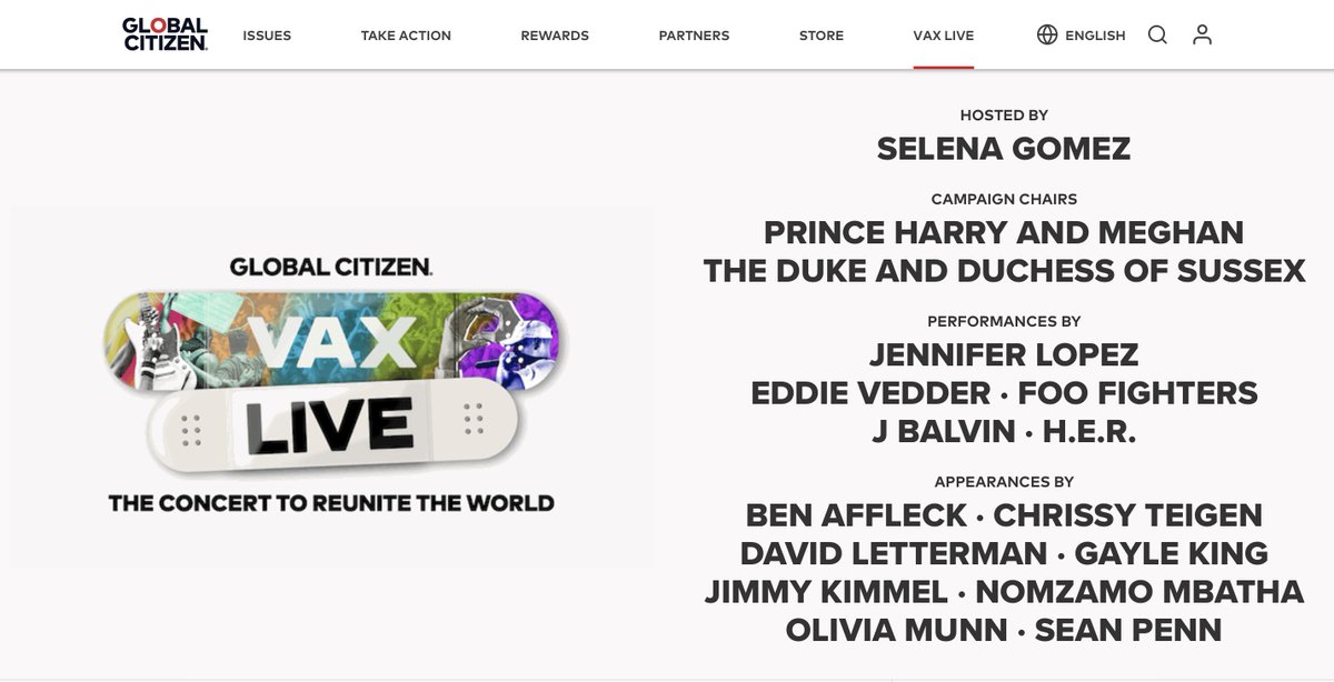 JUST IN:  #PopeFrancis today sent a video-message to “Vax Live: The Concert To Reunite The World,” a benefit concert to support equitable global vaccine distribution.  https://www.globalcitizen.org/en/media/vaxlive/Campaign Chairs: Prince Harry and Meghan Markle Premieres today at 8pm EST on Youtube