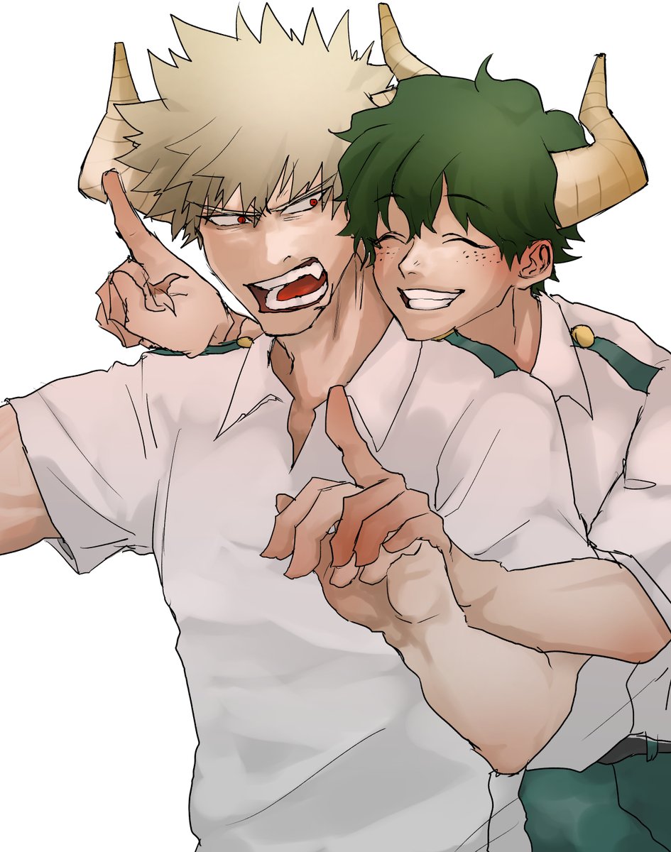 bakugou katsuki ,midoriya izuku multiple boys freckles 2boys male focus green hair horns u.a. school uniform  illustration images