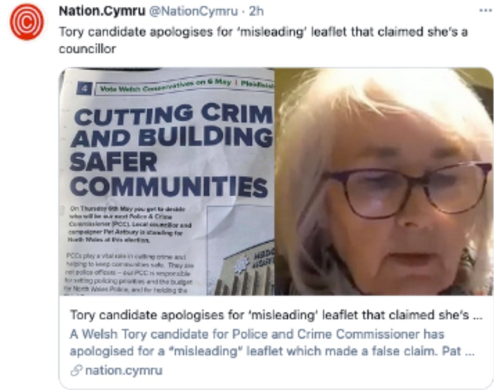 News site  @NationCymru reported a  @Conservatives candidate misleadingly claimed to be a ‘councillor, when in fact a former councillor’ and had previously ‘incorrectly described herself as the PPC in a video on her Facebook page when the election has yet to take place.’