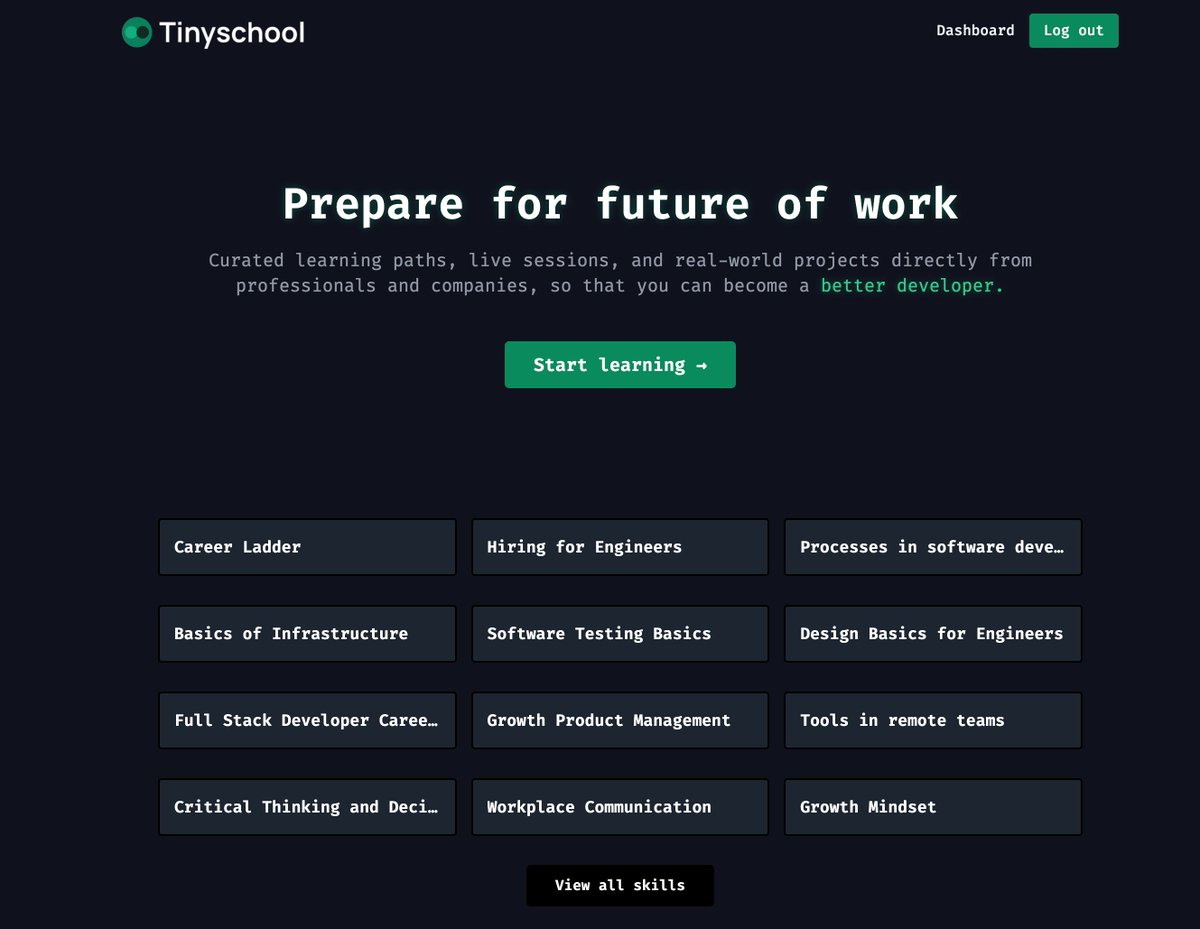 🚨 Weekly Build in Public update 🚨
Starting today <a href="/tinyschoolhq/">Tinyschool</a> is open to the world.

Sign up to become a better developer, and find great work opportunities: tiny.school 

Appreciate RTs ❤️

In other news, we moved to the dark side. But why?