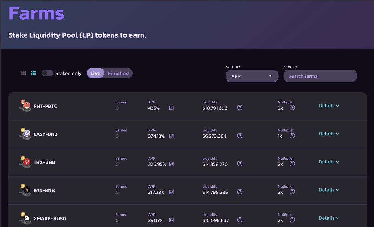 🚀According to <a href="/PancakeSwap/">PancakeSwap</a>,  #TRX-#BNB and #WIN-#BNB Pools are in the TOP5 among all of the Pools on PancakeSwap Farms by APR!

💁‍♂️Farms will have 2x #CAKE rewards for the first 48 hours and then 1x CAKE rewards after that.
#PancakeSwap Farms APR:
TRX-BNB 326.95%
WIN-BNB 317.23%