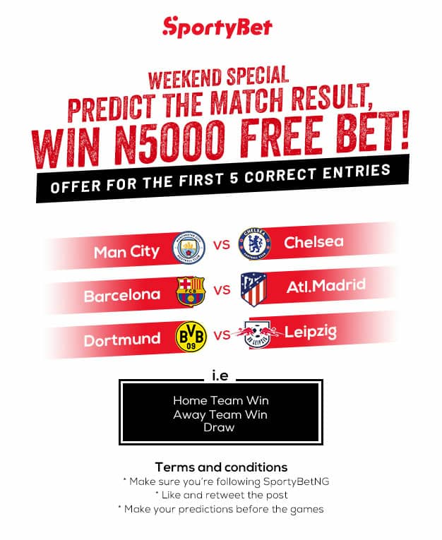 SportyBet on X: Weekend Special! Predict the results of each of these 3️⃣  games. i.e 👇 Home Team Win Away Team Win Draw The first 5 people with the  correct predictions win #