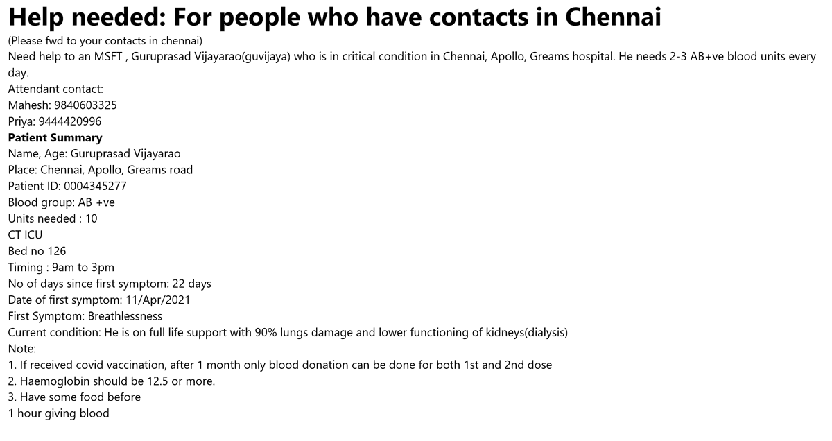 KrAsh0x35's tweet photo. Need help for an MSFT , Guruprasad Vijayarao who is in critical condition. He needs 2-3 AB+ve blood units every day
Contact-
Mahesh 9840603325
Priya 9444420996
Apollo, Greams road, Chennai
Blood group: AB+ve
Units needed: 10
CT ICU, Bed no 126 https://t.co/Z5cVws230p