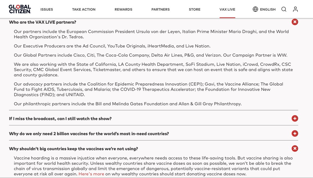 Partners in Vax Live include Bill & Melinda Gates Foundation, CEPI, GAVI, Italian Prime Minister Mario Draghi, WHO's Dr. Thedros & others. Frequently asked questions include vaccine safety & effectiveness including for pregnant women. No mention of abortion-tainted vaccines.