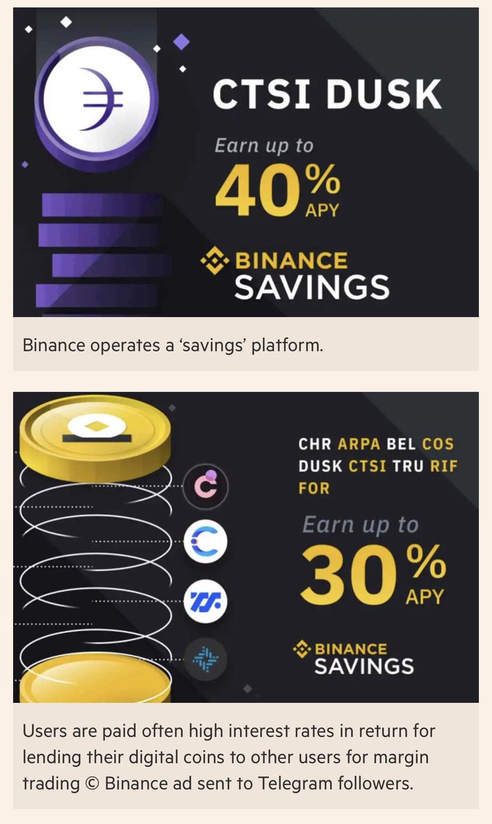 But what about its other services? For ex, Binance has advertised “savings accounts” w/ 30-40% annual interest. See ad sent via Telegram with not a line of disclosure. Users can also borrow and are assessed interest hourly. I can access this in the UK. (5/9)