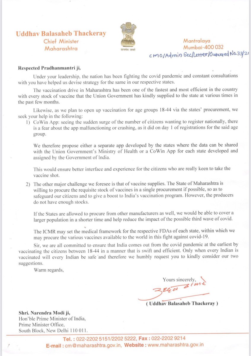 Cmo Maharashtra Cm Uddhav Balasaheb Thackeray Wrote To The Hon Ble Prime Minister Shri Narendramodi Regarding The Supply Of Vaccination Technical Glitches On The Cowin App Developing A State Level App