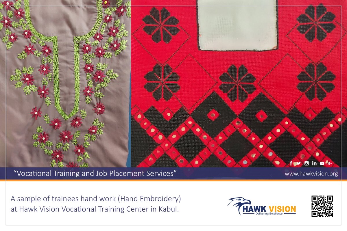 hawkvision_af's tweet photo. A sample of trainee's hand work (Hand Embroidery) at Hawk Vision Vocational Training Center in Kabul.

#HawkVision #Afghanistan #HawkVisionAfghanistan #VocationalTraining #trainees #Kabul #Khost #Ghazni 
https://t.co/uqT8uNpSWW https://t.co/7iDaGSOewE