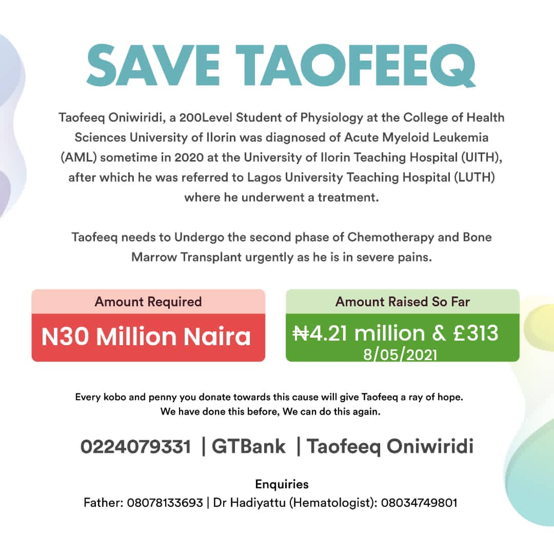 Iam_Psalmthex's tweet photo. Our friend is in pain and he needs to live. Acute Myeloid Leukemia can happen to anybody. It's Taofeeq today, it can be anyone tomorrow. Let's endeavor to donate and Retweet in order to #SaveTaofeeq.

0224079331 | GTBank | Taofeeq Oniwiridi

https://t.co/KHx2CW7Irx

#SaveToafeeq https://t.co/AvITE5Fpgs