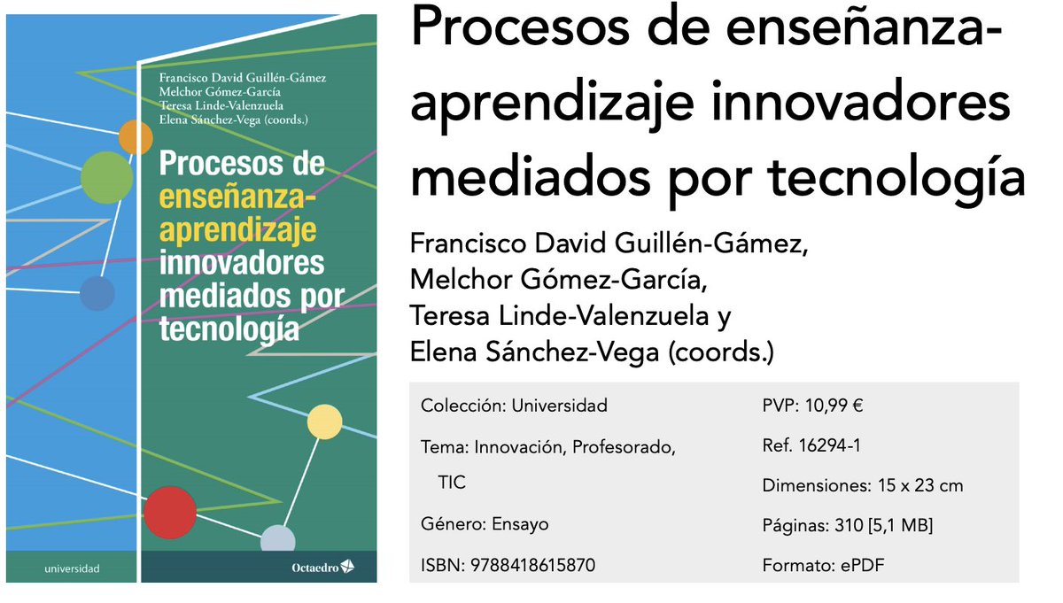 InnoEducaUMA's tweet photo. 📌 Nueva publicación con @Ed_Octaedro de componentes de @InnoEducaUMA 

📖 Procesos de enseñanzaaprendizaje innovadores mediados por tecnología

🧑🏻‍💼🧑🏼‍💼👩🏻‍🔧👩🏽‍🔧 #fdguillen @melchor @teresalinde y #esanchez

📍 https://t.co/43eIphkut8 

@Educacion_UMA 
@UMA_DOE

#innoeducauma https://t.co/cY70CyliEM
