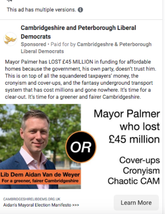 The text in this ad from the  @LibDems mayoral candidate reads: ‘Mayor Palmer [ @MayorJPalmer] has LOST £45 MILLION in funding for affordable homes because the government, his own party, doesn’t trust him. This is on top of all the squandered taxpayers’ money, the cronyism