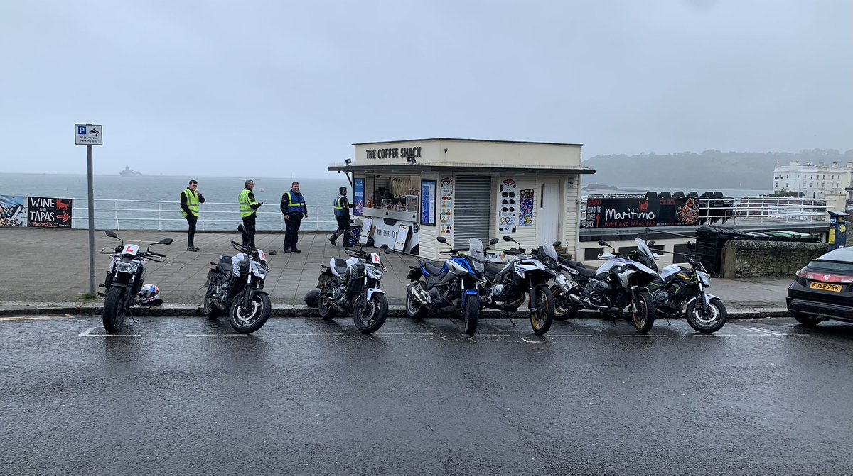SurepassRT's tweet photo. The weather may be dull but the view ain’t!  Are we taking up too much room?  #bmwgs1250hp #bmwgs850 #hondanc750 #motorcycletraining #das #testsuccess #dastraining #plymouth #awesometeam #testtime #z650  #er6n #officeviews https://t.co/fo72QR4Zg1