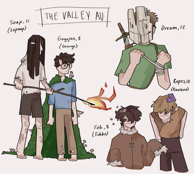 slight tw// for dead animals and blood

drawings of an idea i dub 'the valley au' because i obsessed over it while listening to the oh hellos. they're all feral kids that live in the forest and fight over land. they have weird nicknames because kids.

#dreamsmpfanart #dreamsmpau 