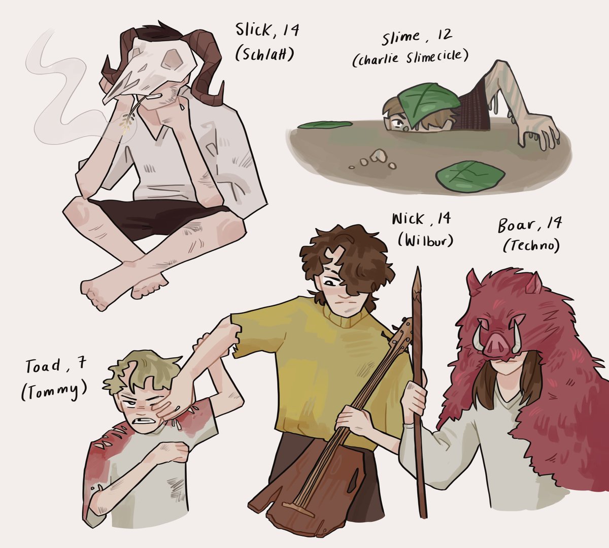 slight tw// for dead animals and blood

drawings of an idea i dub 'the valley au' because i obsessed over it while listening to the oh hellos. they're all feral kids that live in the forest and fight over land. they have weird nicknames because kids.

#dreamsmpfanart #dreamsmpau 