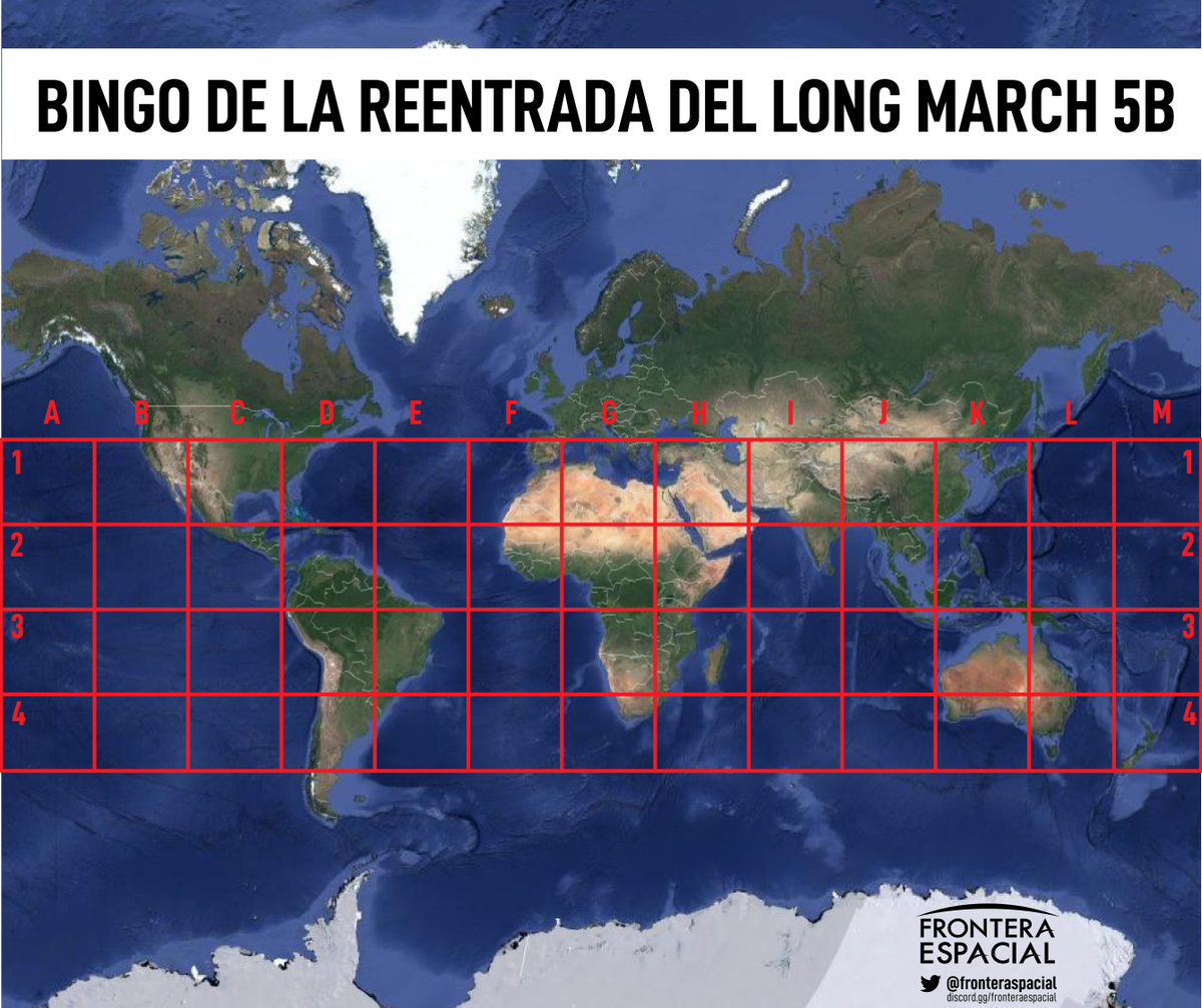 FronteraSpacial's tweet photo. HORA DEL BINGO ESPACIAL 🚀

Adivina donde chocará el cohete chino🇨🇳 #LongMarch5B tras la reentrada atmosférica a la Tierra 🌍

¡Deja tu respuesta 👇! https://t.co/YDKu5e8XKP