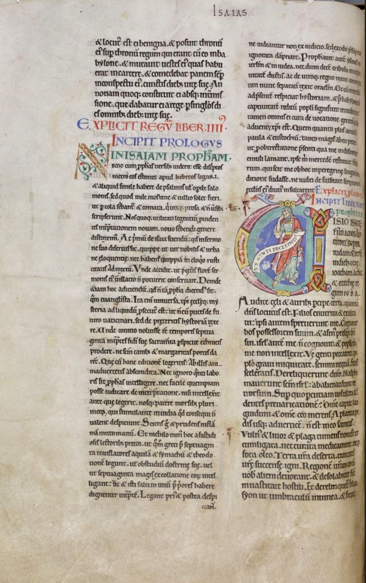 Historiated initial 'V'(isio) at the beginning of Isaiah depicting the prophet with hand on face & holding a scroll: 'V[a]e genti peccatrici'. #MS003TheDoverBibleCambridge, Corpus Christi College, MS 003; The Dover Bible, Volume I; 12th century; f.173v  @ParkerLibCCCC