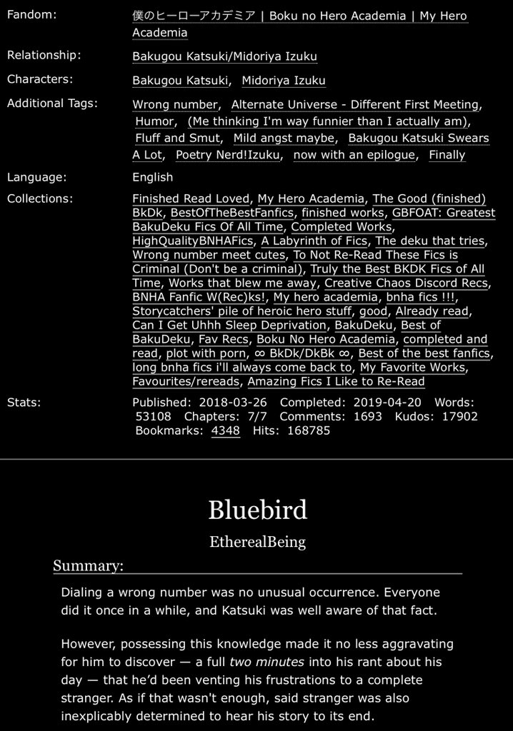 Bluebird by EtherealBeingBk called Dk by accident but they became friends after itITS SPICY and so damn cute  /10 https://archiveofourown.org/works/14097021/chapters/32480484#main