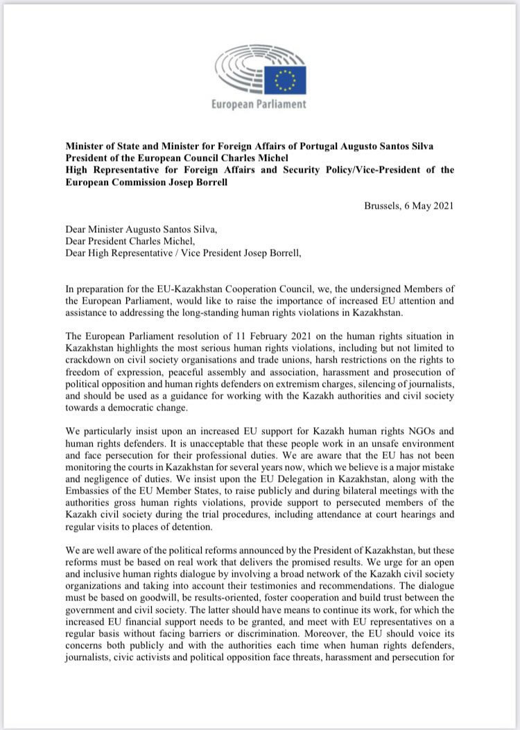 jardemalie's tweet image. In light of the upcoming 18th 🇪🇺🇰🇿 Cooperation Council, 8 MEPs appealed to @2021PortugalEU &amp;amp; @eucopresident &amp;amp; @JosepBorrellF insisting that @EUinKazakhstan meets with representatives of the civil society on a regular basis,without any barriers or discrimination. Grateful to them!