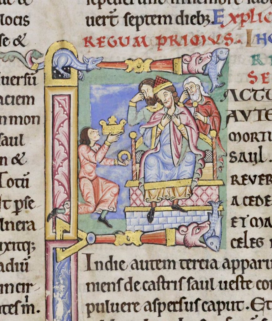 Initial 'F'(actum) at the beginning of 2 Kings (2 Samuel) depicting a grieving David hearing of the death of Saul from the Amalekite who is then slain.  #MS003TheDoverBibleCambridge, Corpus Christi College, MS 003; The Dover Bible, Volume I; 12th century; f.131r  @ParkerLibCCCC