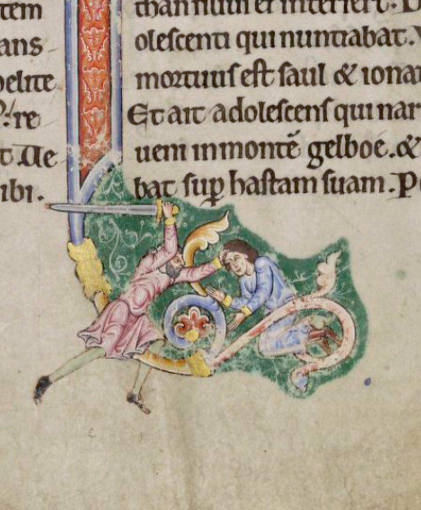 Initial 'F'(actum) at the beginning of 2 Kings (2 Samuel) depicting a grieving David hearing of the death of Saul from the Amalekite who is then slain.  #MS003TheDoverBibleCambridge, Corpus Christi College, MS 003; The Dover Bible, Volume I; 12th century; f.131r  @ParkerLibCCCC