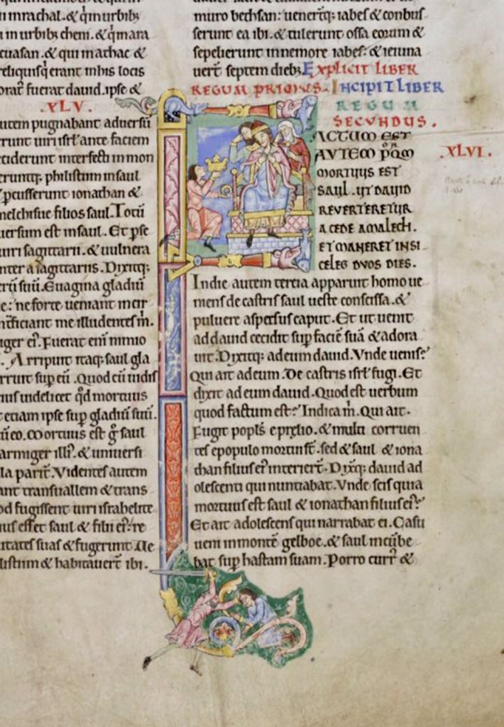 Initial 'F'(actum) at the beginning of 2 Kings (2 Samuel) depicting a grieving David hearing of the death of Saul from the Amalekite who is then slain.  #MS003TheDoverBibleCambridge, Corpus Christi College, MS 003; The Dover Bible, Volume I; 12th century; f.131r  @ParkerLibCCCC