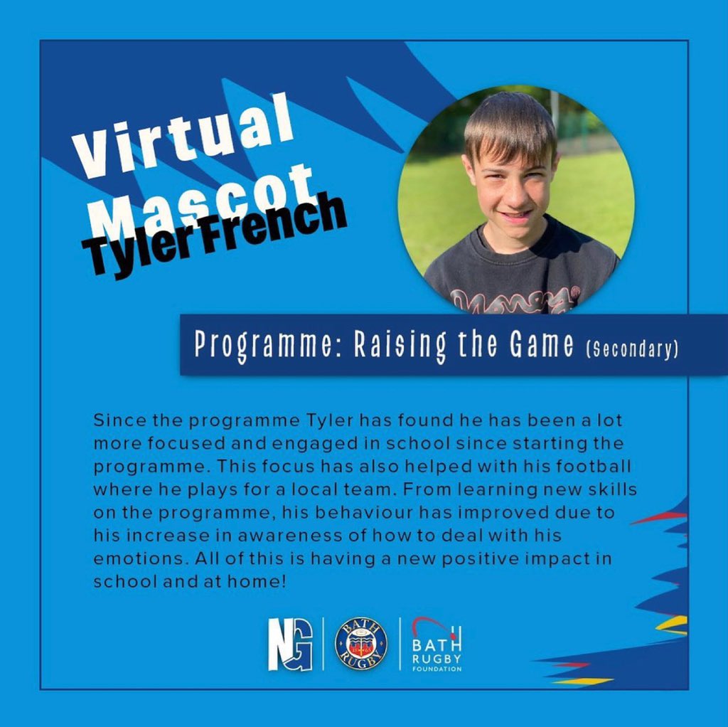 BR_Foundation's tweet photo. CONGRATULATIONS to Tyler French for being selected as our #virtualmascot for today’s @BathRugby vs @BristolBears match. 🥳🤩🙌 We’re extremely proud of your hard work & commitment Tyler, very well deserved 🙏🔵⚫️#wearebath #bathrugby #changinglives #wearebath https://t.co/K84gMR6Kse