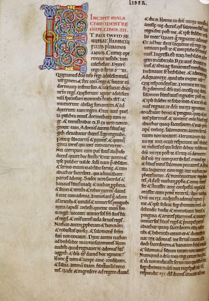 Initial 'E'(t) at the beginning of 3 Kings (1 Kings) #MS003TheDoverBibleCambridge, Corpus Christi College, MS 003; The Dover Bible, Volume I; 12th century; f.144v  @ParkerLibCCCC