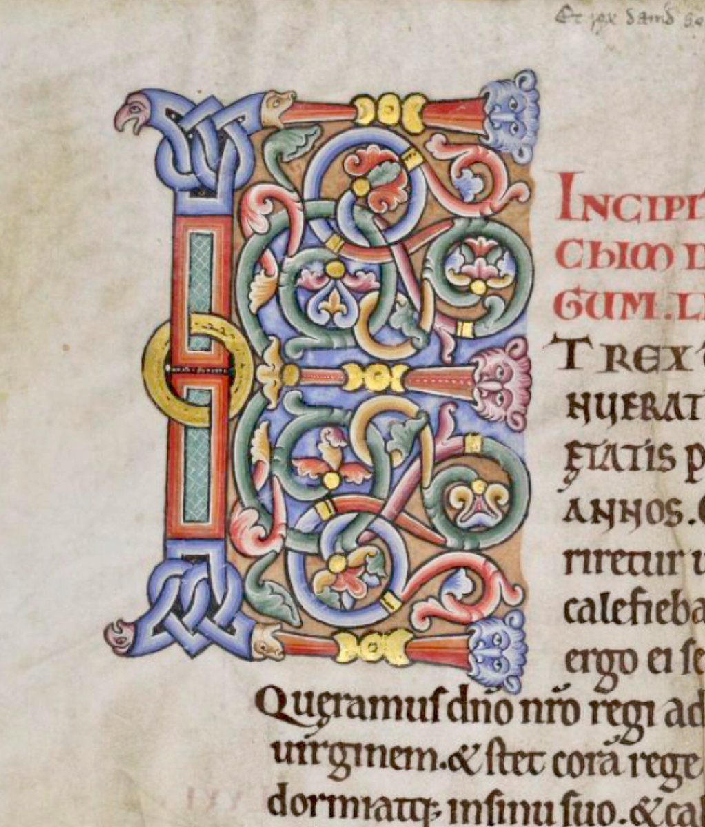 Initial 'E'(t) at the beginning of 3 Kings (1 Kings) #MS003TheDoverBibleCambridge, Corpus Christi College, MS 003; The Dover Bible, Volume I; 12th century; f.144v  @ParkerLibCCCC