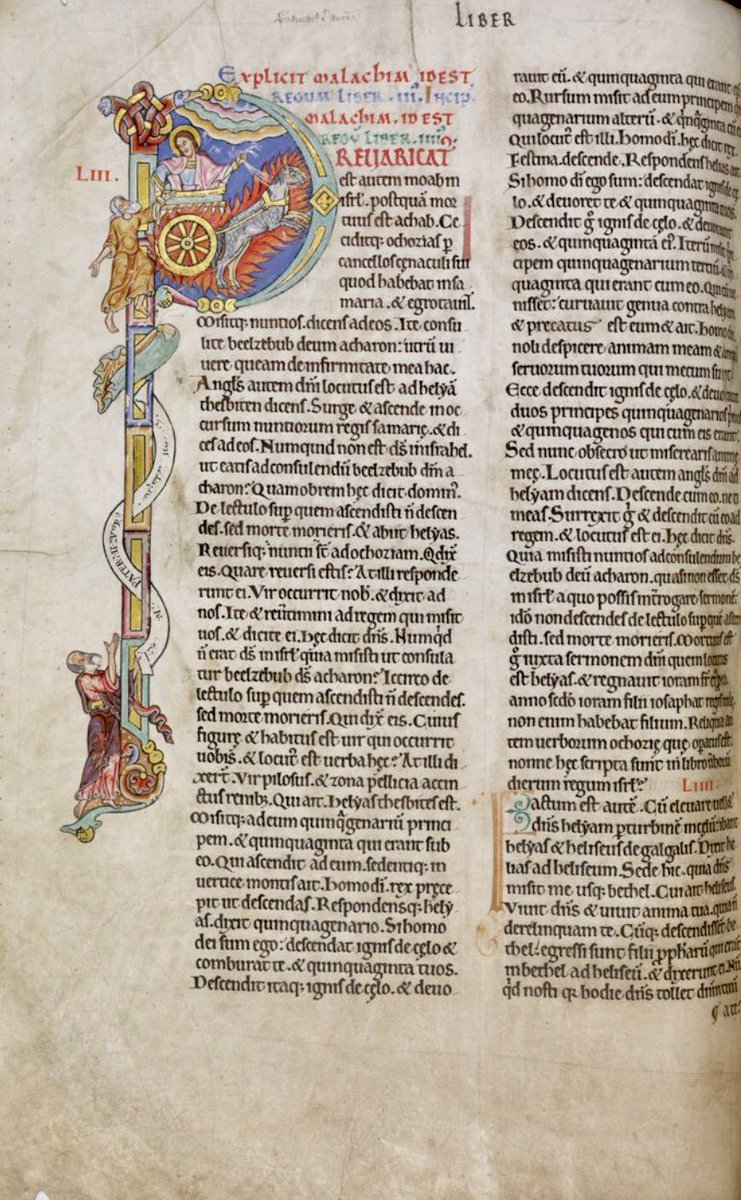 Initial 'P'(raevaricatus) at the beginning of 4 Kings (2 Kings) depicting Christ in a chariot of fire holding Elijah, his mantle below & Elisha beneath.  #MS003TheDoverBibleCambridge, Corpus Christi College, MS 003; The Dover Bible, Volume I; 12th century; f.159v  @ParkerLibCCCC