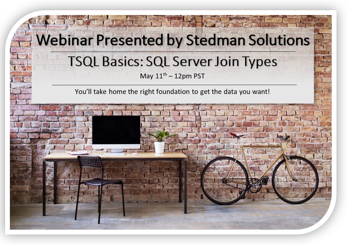 DatabaseHealth's tweet image. 3 more days to sign up for our Join Types Webinar! Answers to your questions & PRIZES will be given at the end of the presentation!
ow.ly/9ymR50EHlnp
#Jointypes #SQLjointypes #SQLserver #SQL #stedmansolutions #SQLserverjointypes