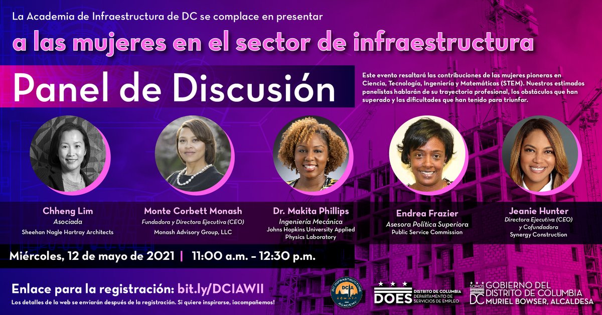 DOES_DC's tweet photo. La #SemanadeInfraestructurasdeDC es del 10 al 14 de mayo. Celebre y aprenda sobre las mujeres en la infraestructura asistiendo a nuestro panel de discusión el 12 de mayo de 2021 a las 11:00 a.m. Regístrese en https://t.co/9cfKFdACez. 
#LiderarconlaInfraestructura https://t.co/EOoZMq0gVE
