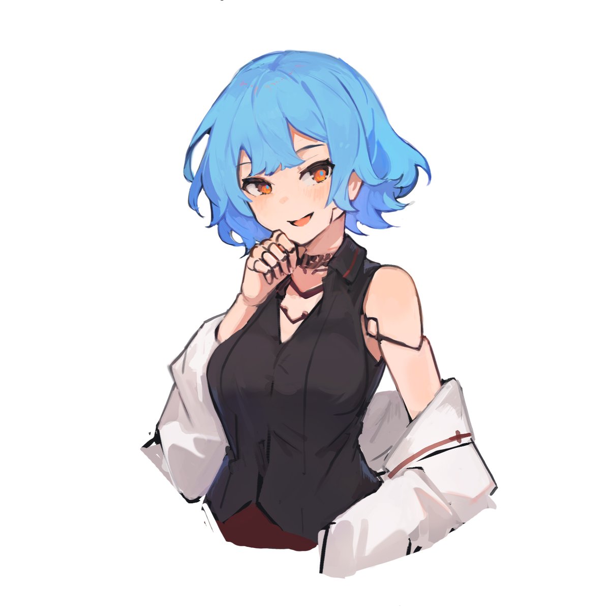 1girl solo blue hair white background smile white jacket short hair  illustration images