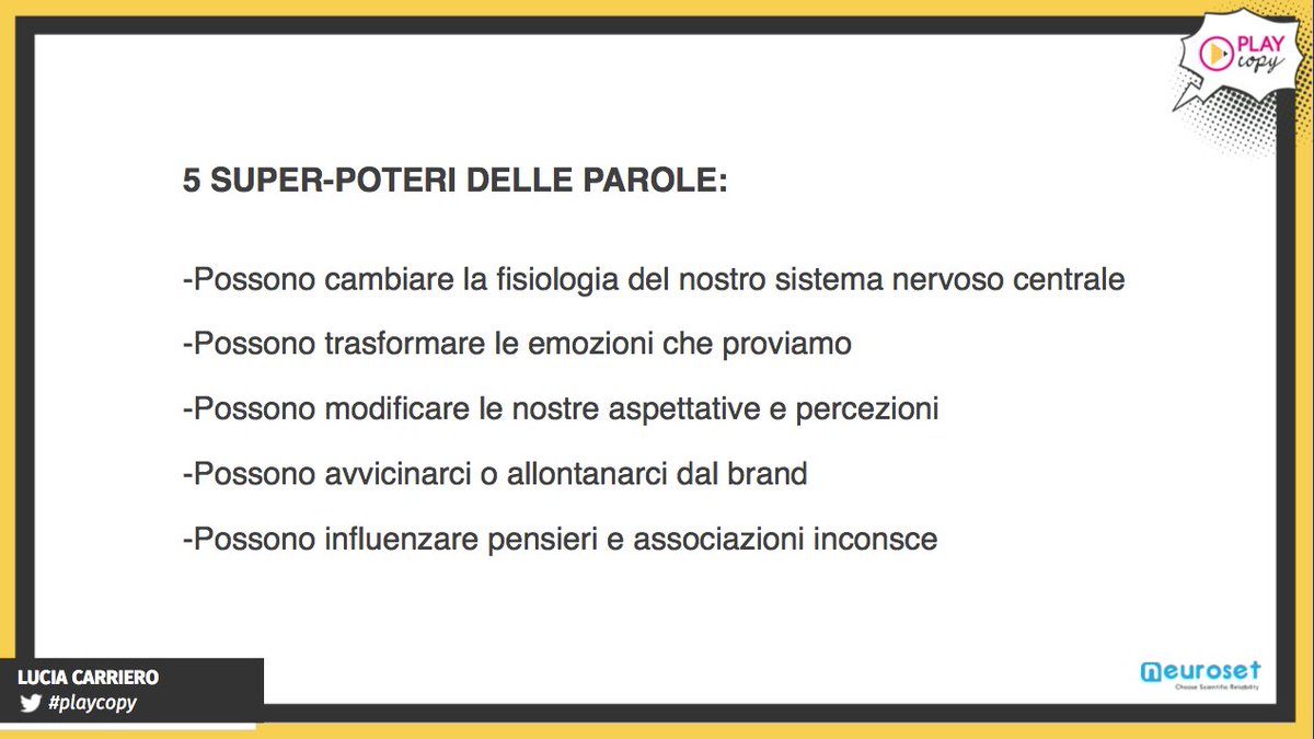 play_copy's tweet photo. 👉"Le parole hanno super poteri!" Lucia Carriero @NeurosetIT 

#playcopy #neuromarketing #copywriting https://t.co/5laG4W7axN